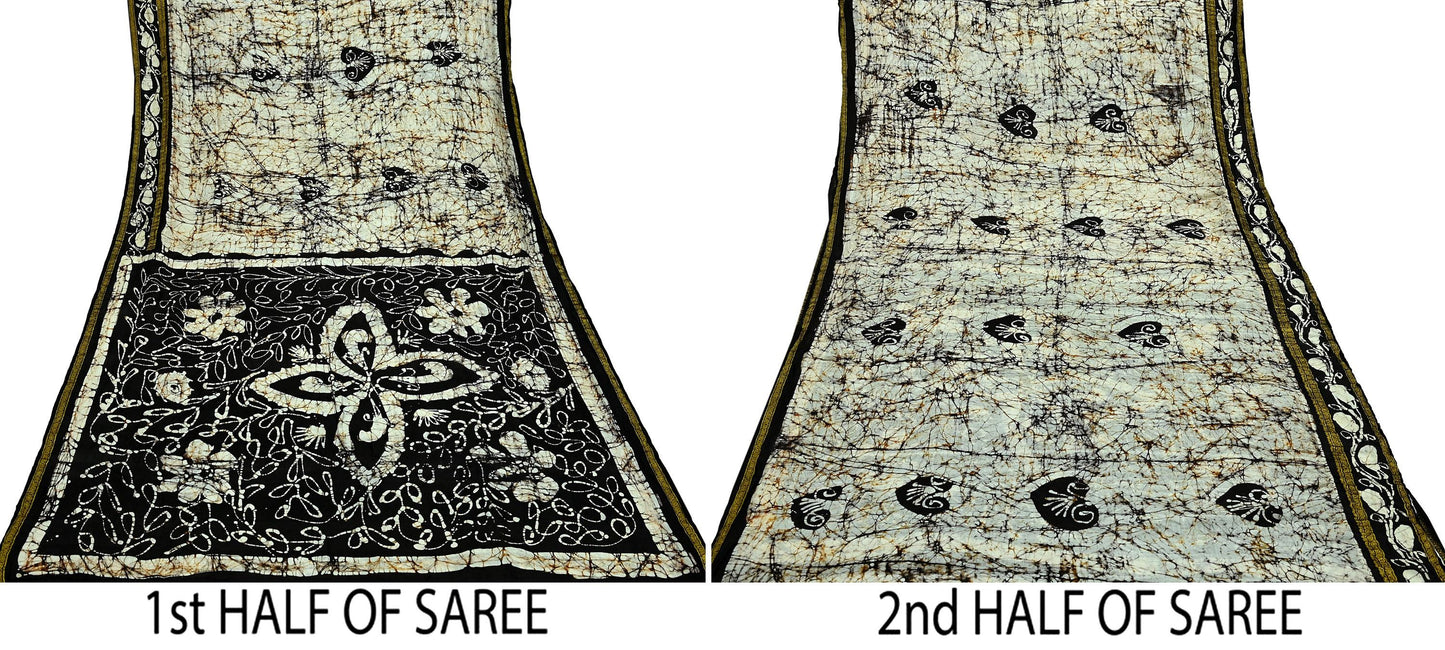 Indian Vintage Brown & Ivory Saree Batik Printed 100% Pure Silk Indian Sari Craft Soft Fabric 5Yard Sewing Sarong Wrap Boho Dress making