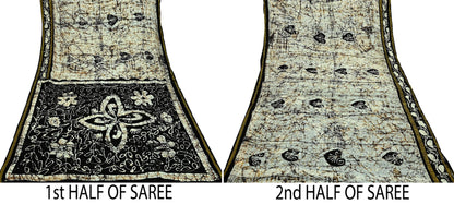 Indian Vintage Brown & Ivory Saree Batik Printed 100% Pure Silk Indian Sari Craft Soft Fabric 5Yard Sewing Sarong Wrap Boho Dress making