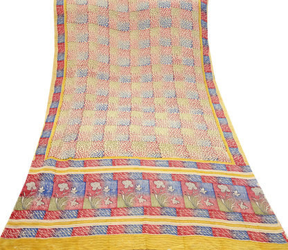 Indian Vintage Sari Beige Pure Crepe Silk Block Printed Sarees 6yd Sewing Floral Soft Craft Fabric Wrap Dress Making Crafting Quilting