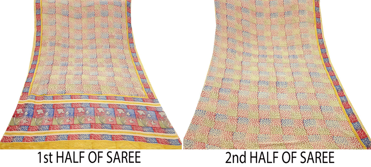 Indian Vintage Sari Beige Pure Crepe Silk Block Printed Sarees 6yd Sewing Floral Soft Craft Fabric Wrap Dress Making Crafting Quilting