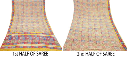 Indian Vintage Sari Beige Pure Crepe Silk Block Printed Sarees 6yd Sewing Floral Soft Craft Fabric Wrap Dress Making Crafting Quilting