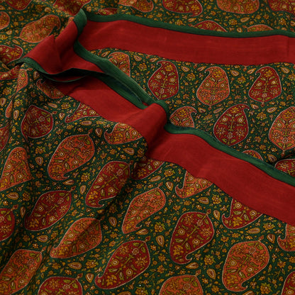 Indian Vintage Sari Green Pure Crepe Silk Printed Sarees 5yd Sewing Soft Craft Fabric Wrap Upcycle Quilting Crafting Dress making paisley
