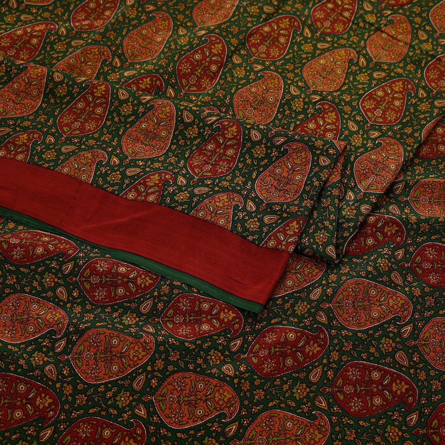 Indian Vintage Sari Green Pure Crepe Silk Printed Sarees 5yd Sewing Soft Craft Fabric Wrap Upcycle Quilting Crafting Dress making paisley