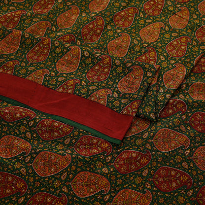 Indian Vintage Sari Green Pure Crepe Silk Printed Sarees 5yd Sewing Soft Craft Fabric Wrap Upcycle Quilting Crafting Dress making paisley