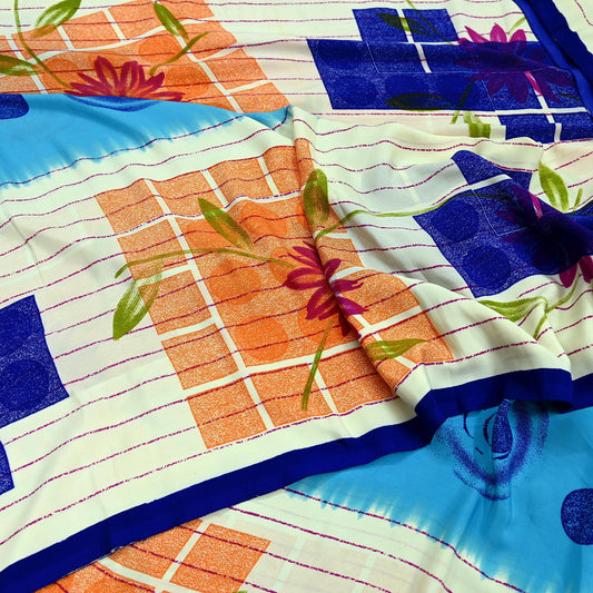 Indian Vintage Blue & Ivory Sarees Moss Crepe Printed Sari 5yd Sewing Floral Soft Craft Fabric DressMaking For Crafting Quilting Upcycle
