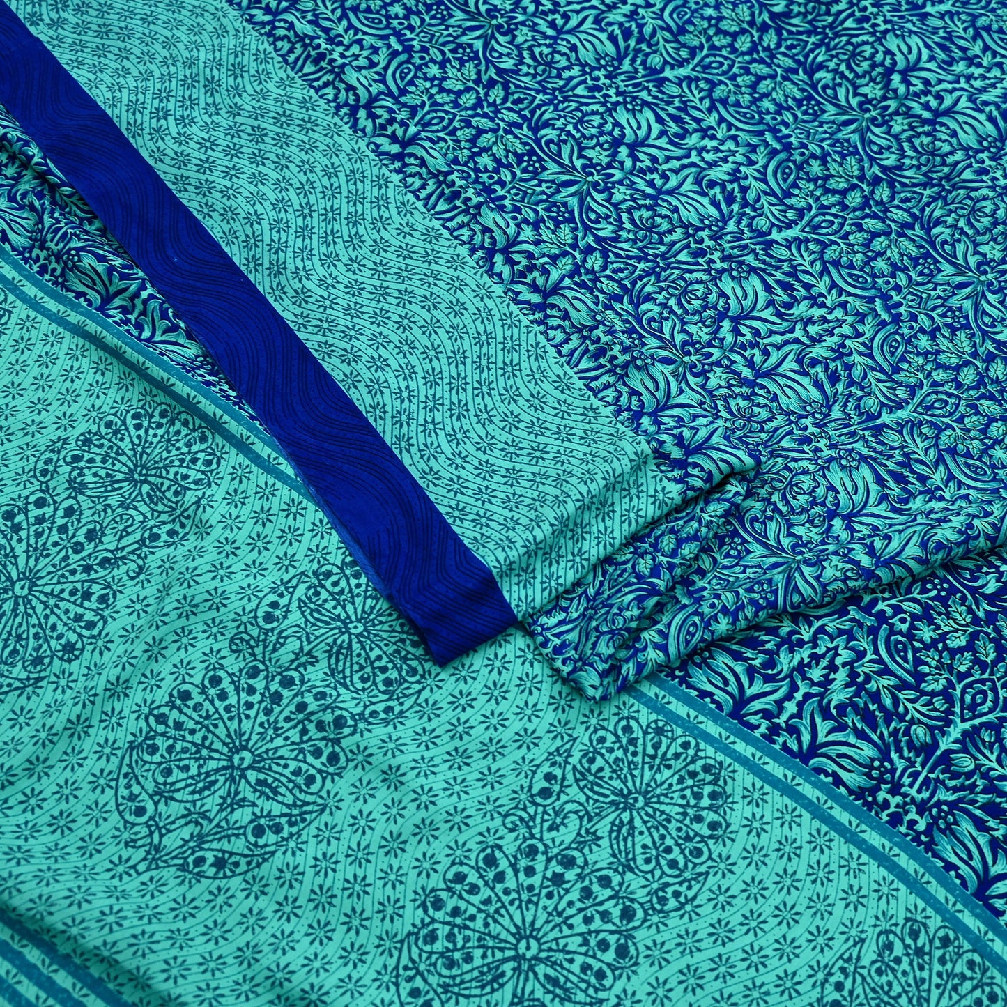 Indian Vintage Green & Blue Saree Moss Crepe Printed Sari 5yd Sewing Paisley Soft Craft Fabric Dressmaking Quilting Crafting Upcycle