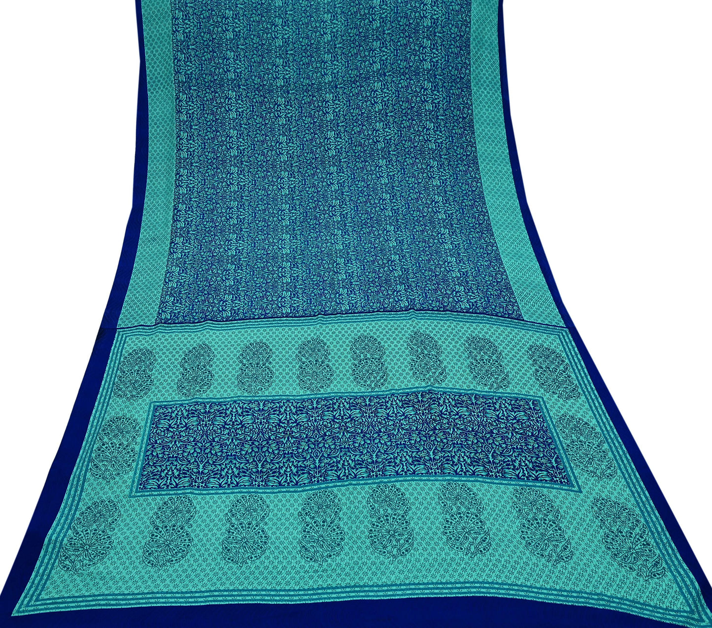 Indian Vintage Green & Blue Saree Moss Crepe Printed Sari 5yd Sewing Paisley Soft Craft Fabric Dressmaking Quilting Crafting Upcycle