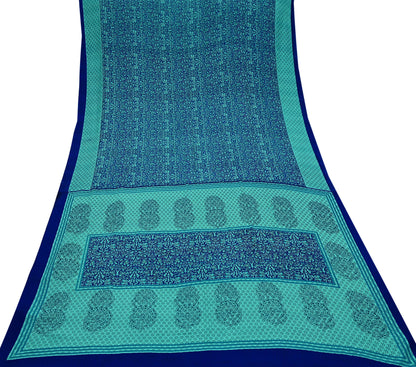 Indian Vintage Green & Blue Saree Moss Crepe Printed Sari 5yd Sewing Paisley Soft Craft Fabric Dressmaking Quilting Crafting Upcycle