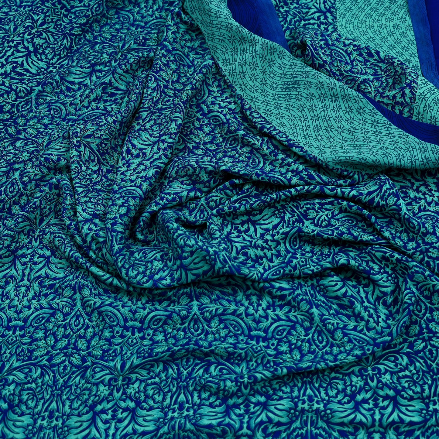 Indian Vintage Green & Blue Saree Moss Crepe Printed Sari 5yd Sewing Paisley Soft Craft Fabric Dressmaking Quilting Crafting Upcycle