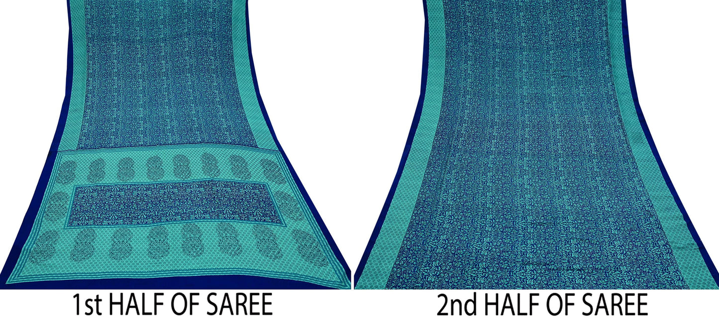Indian Vintage Green & Blue Saree Moss Crepe Printed Sari 5yd Sewing Paisley Soft Craft Fabric Dressmaking Quilting Crafting Upcycle