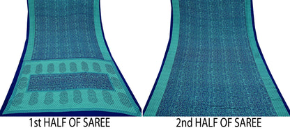 Indian Vintage Green & Blue Saree Moss Crepe Printed Sari 5yd Sewing Paisley Soft Craft Fabric Dressmaking Quilting Crafting Upcycle