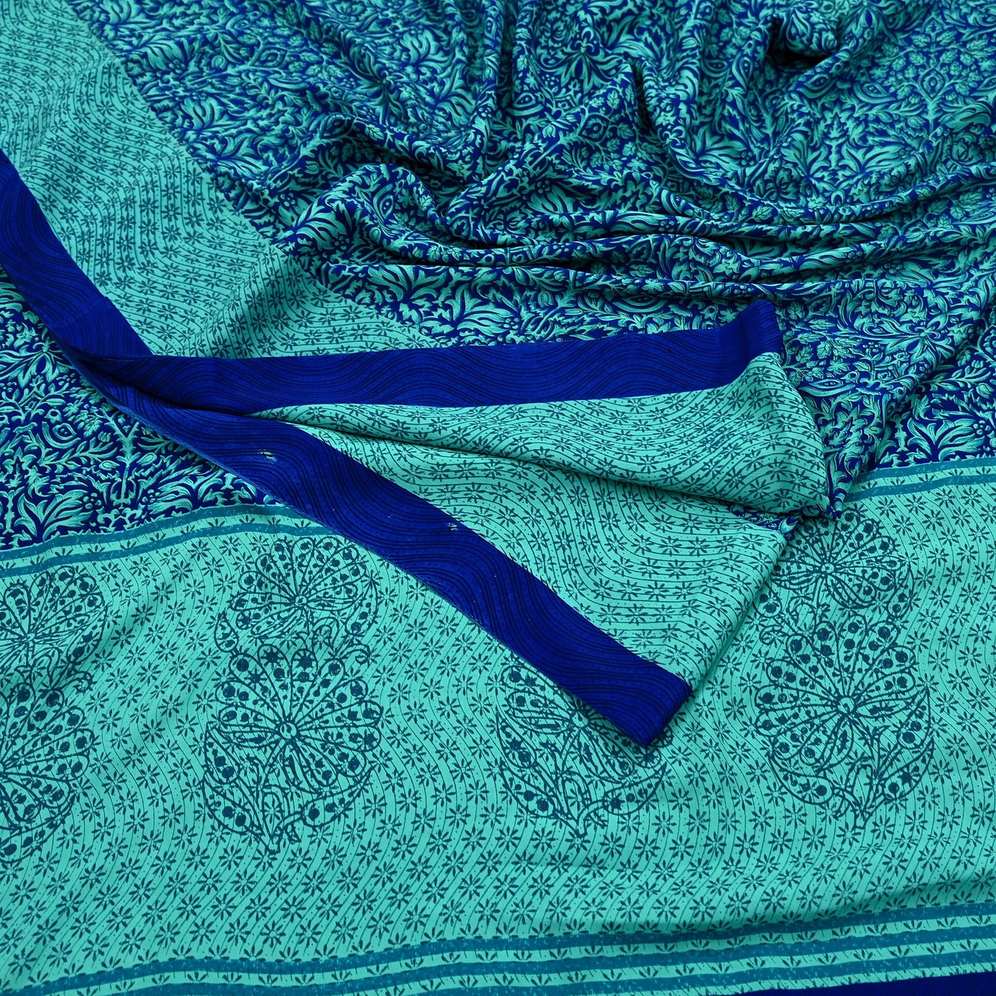 Indian Vintage Green & Blue Saree Moss Crepe Printed Sari 5yd Sewing Paisley Soft Craft Fabric Dressmaking Quilting Crafting Upcycle