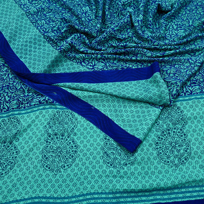 Indian Vintage Green & Blue Saree Moss Crepe Printed Sari 5yd Sewing Paisley Soft Craft Fabric Dressmaking Quilting Crafting Upcycle