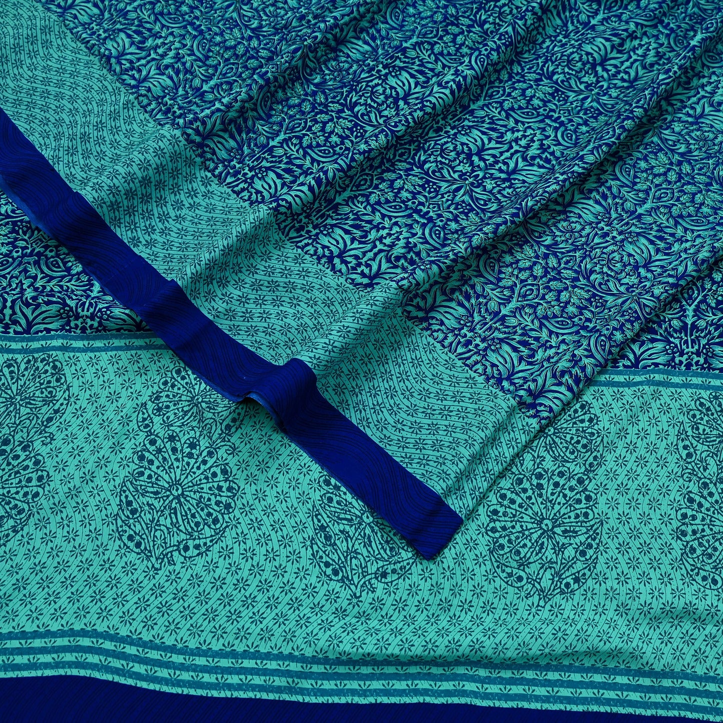 Indian Vintage Green & Blue Saree Moss Crepe Printed Sari 5yd Sewing Paisley Soft Craft Fabric Dressmaking Quilting Crafting Upcycle