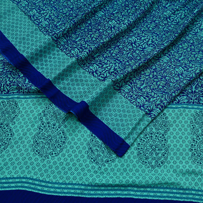 Indian Vintage Green & Blue Saree Moss Crepe Printed Sari 5yd Sewing Paisley Soft Craft Fabric Dressmaking Quilting Crafting Upcycle