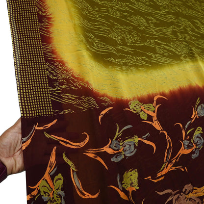 Women Vintage Sari Green & Brown Pure Georgette Silk Printed Saree Craft Fabric Sewing 5Yard Soft Light Dress Making Floral