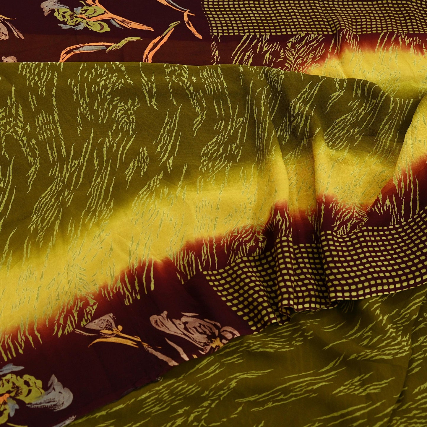 Women Vintage Sari Green & Brown Pure Georgette Silk Printed Saree Craft Fabric Sewing 5Yard Soft Light Dress Making Floral