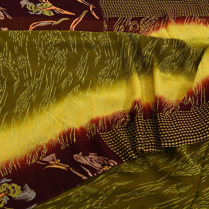 Women Vintage Sari Green & Brown Pure Georgette Silk Printed Saree Craft Fabric Sewing 5Yard Soft Light Dress Making Floral