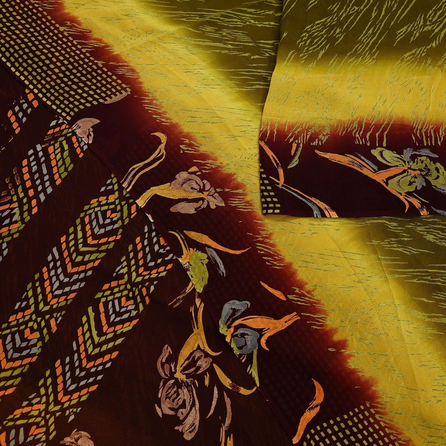 Women Vintage Sari Green & Brown Pure Georgette Silk Printed Saree Craft Fabric Sewing 5Yard Soft Light Dress Making Floral
