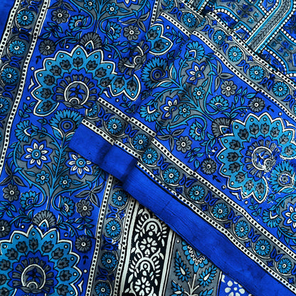 Indian Vintage Sari Blue 100% Pure Silk Printed Sarees 5yd Sewing Craft Fabric Dress Making Floral Wrap used Quilting Crafting Upcycle