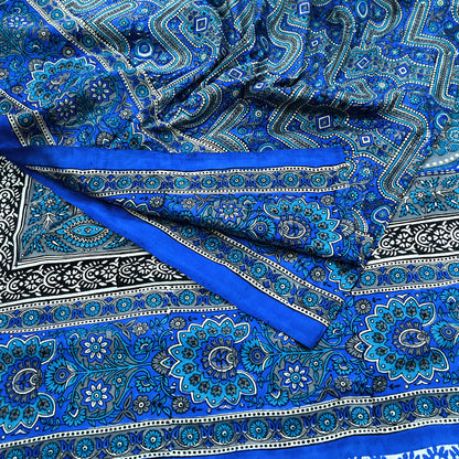 Indian Vintage Sari Blue 100% Pure Silk Printed Sarees 5yd Sewing Craft Fabric Dress Making Floral Wrap used Quilting Crafting Upcycle