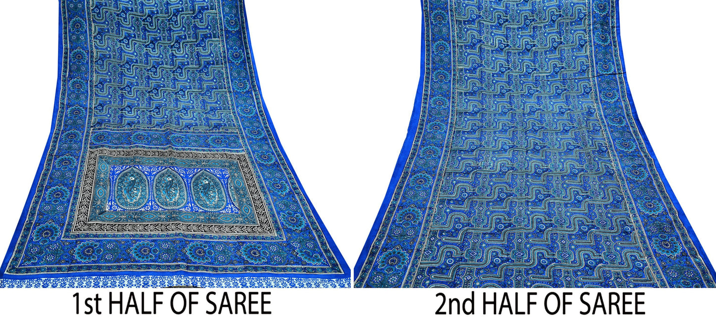 Indian Vintage Sari Blue 100% Pure Silk Printed Sarees 5yd Sewing Craft Fabric Dress Making Floral Wrap used Quilting Crafting Upcycle