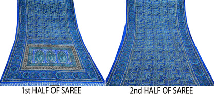 Indian Vintage Sari Blue 100% Pure Silk Printed Sarees 5yd Sewing Craft Fabric Dress Making Floral Wrap used Quilting Crafting Upcycle