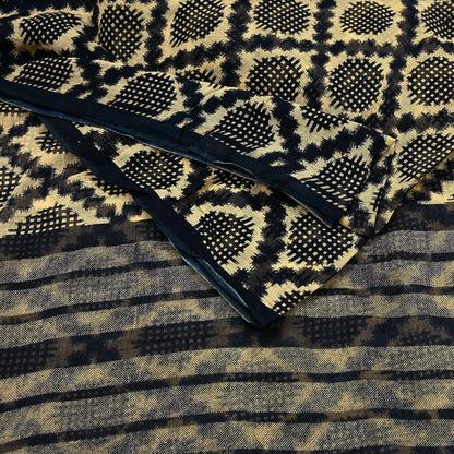 Indian Vintage Sari Beige & Black Printed Pure Cotton Sarees Fabric Floral 5Yd Sarong Wrap Boho Fabric Kimono Soft Dress making Crafting