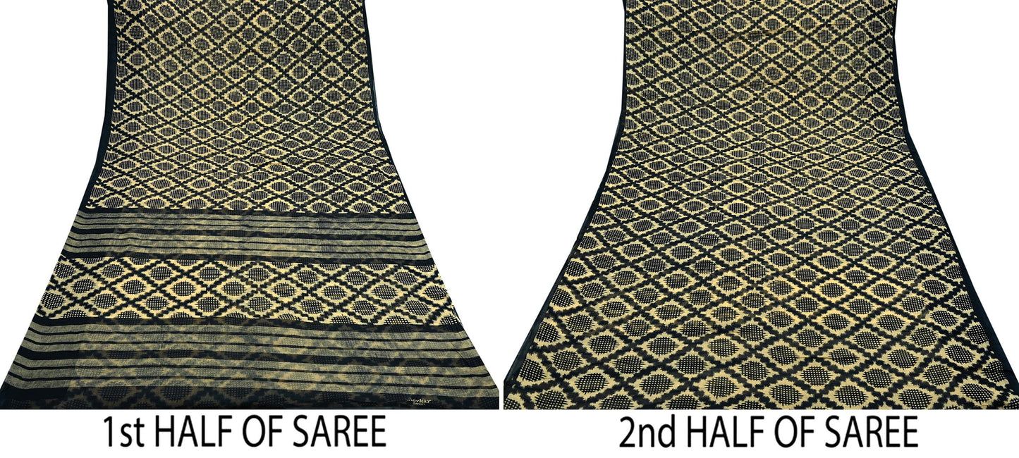 Indian Vintage Sari Beige & Black Printed Pure Cotton Sarees Fabric Floral 5Yd Sarong Wrap Boho Fabric Kimono Soft Dress making Crafting