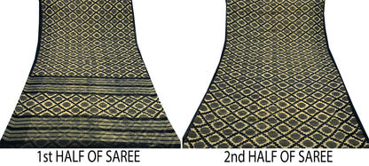 Indian Vintage Sari Beige & Black Printed Pure Cotton Sarees Fabric Floral 5Yd Sarong Wrap Boho Fabric Kimono Soft Dress making Crafting