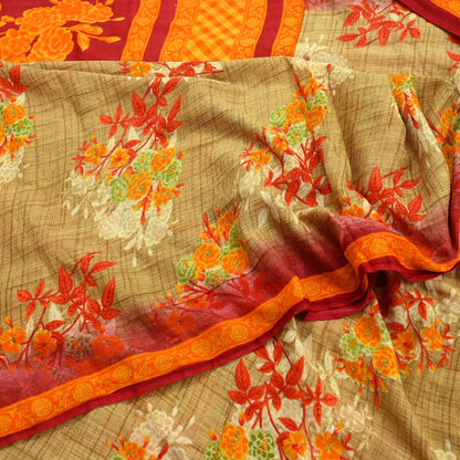 Indian Vintage Red & Beige Saree Printed 100% Pure Cotton Sari Craft Fabric 5Yd Soft Sewing Sarong Wrap Dress Making Quilting Crafting