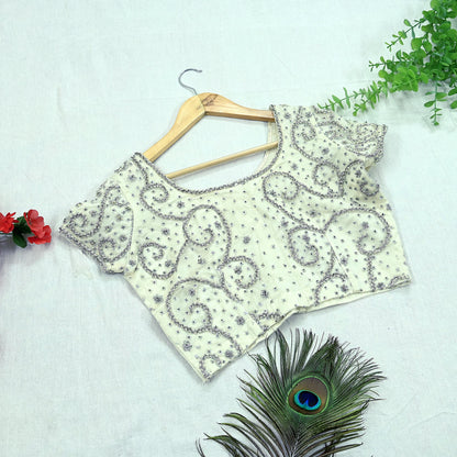 Indian Pre-owned Heavy White Hand Embroidered Blouse/Top/Crop M Size Party wear Bollywood