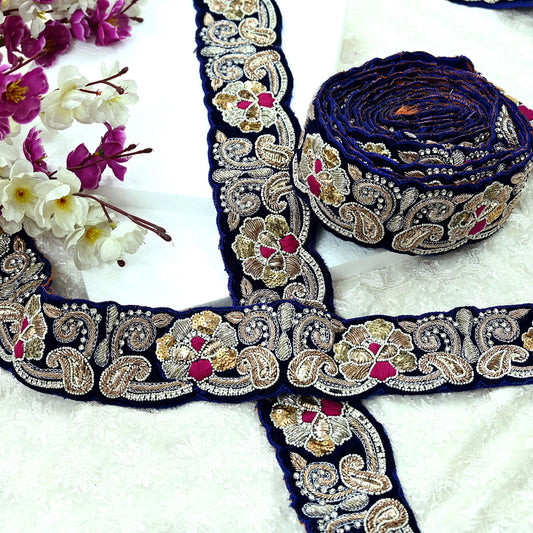 Indian Vintage Blue Sari Border Hand Embroidered Craft Trim Lace Sewing Sari Ribbon Velvet 8yards Dress making Dress Designing Decor Dabka