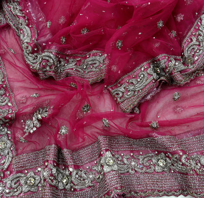 Indian Vintage Heavy Bridal Pink Dupatta Net Mesh Long Stole Hand Embroidered Scarves Silver Zardozi Dabka Zari Sequins Wedding veil