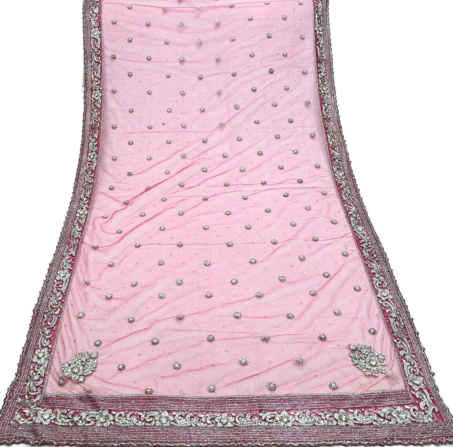 Indian Vintage Heavy Bridal Pink Dupatta Net Mesh Long Stole Hand Embroidered Scarves Silver Zardozi Dabka Zari Sequins Wedding veil