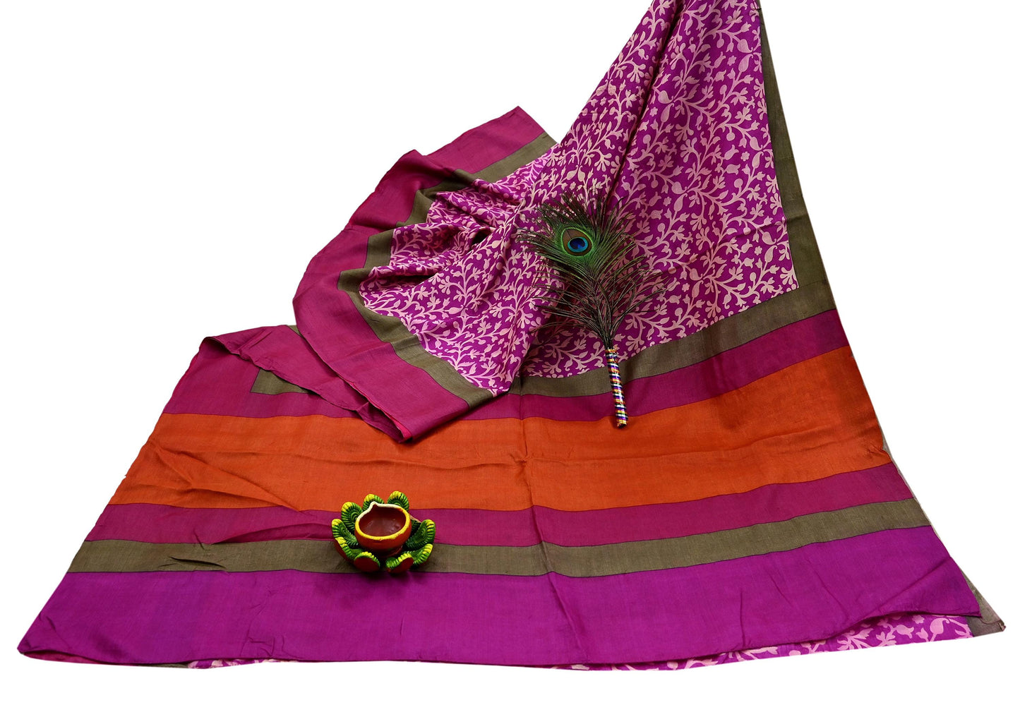 Indian Vintage Purple & Orange Saree Pure Khadi Silk Handloom Printed Sari Fabric 5yd Ethnic Wear Sari Stripes Designs Dress making Crafting