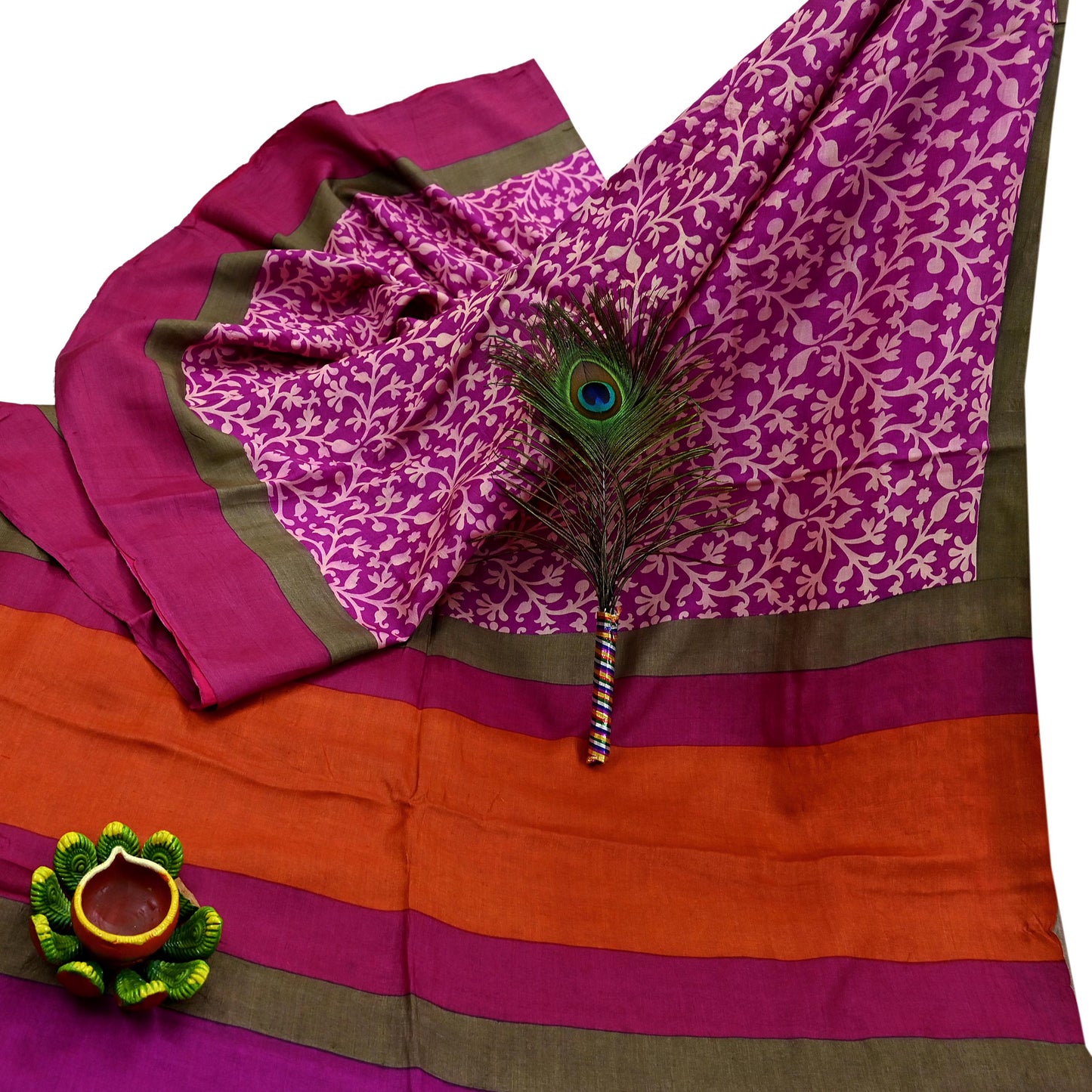 Indian Vintage Purple & Orange Saree Pure Khadi Silk Handloom Printed Sari Fabric 5yd Ethnic Wear Sari Stripes Designs Dress making Crafting