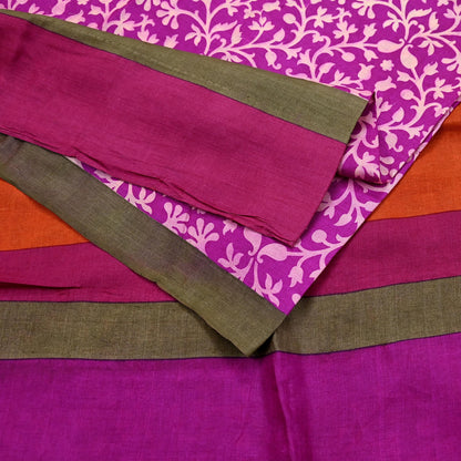 Indian Vintage Purple & Orange Saree Pure Khadi Silk Handloom Printed Sari Fabric 5yd Ethnic Wear Sari Stripes Designs Dress making Crafting