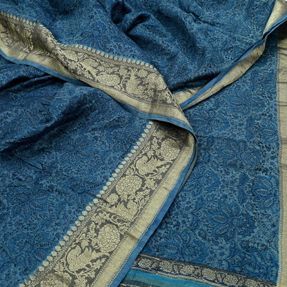 Indian Vintage Heavy Sari Blue Pure Khadi Silk Handloom Saree Craft Fabric 6yd Ethnic Wear Dress making For Crafting Quilting Sewing Zari
