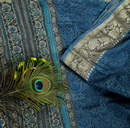 Indian Vintage Heavy Sari Blue Pure Khadi Silk Handloom Saree Craft Fabric 6yd Ethnic Wear Dress making For Crafting Quilting Sewing Zari