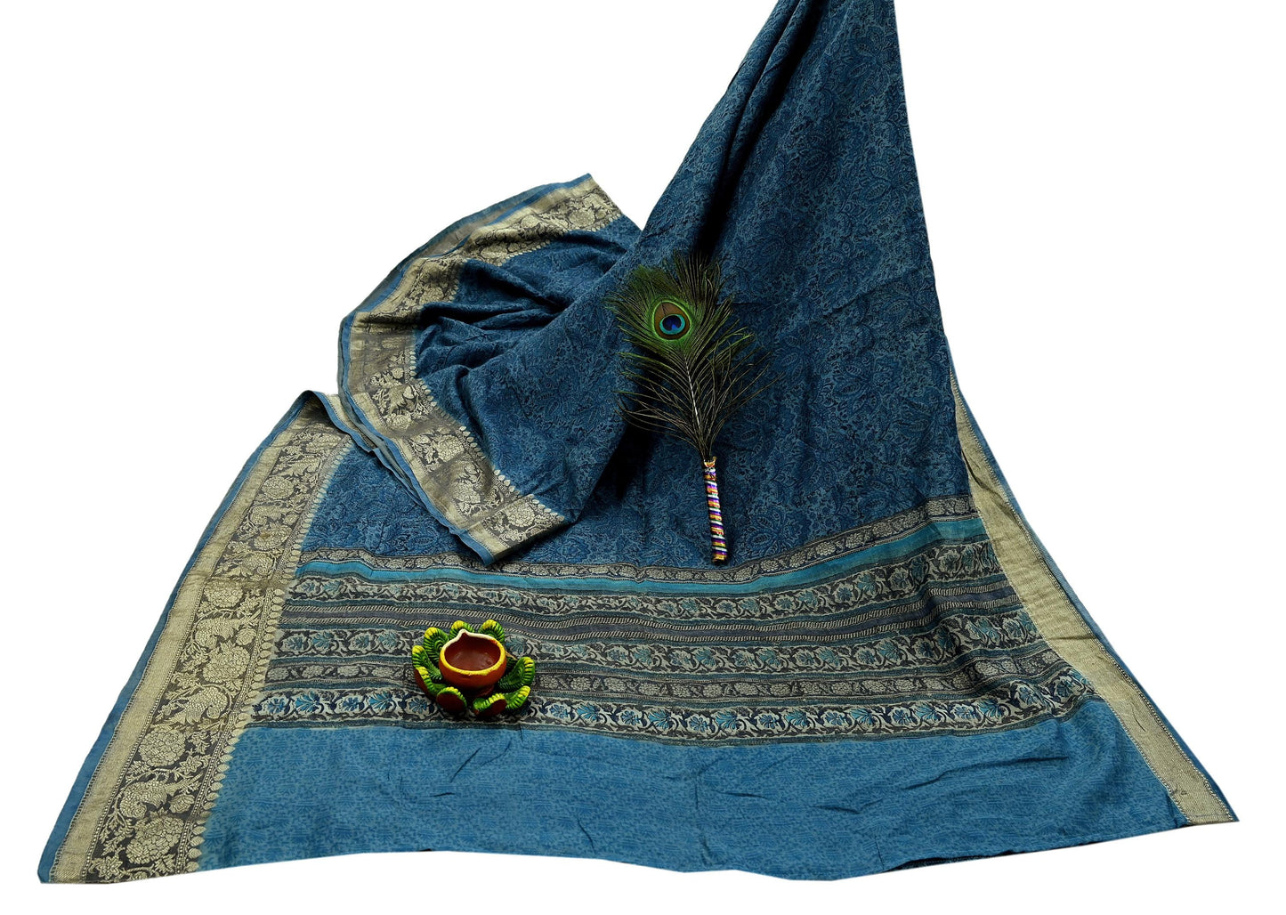 Indian Vintage Heavy Sari Blue Pure Khadi Silk Handloom Saree Craft Fabric 6yd Ethnic Wear Dress making For Crafting Quilting Sewing Zari