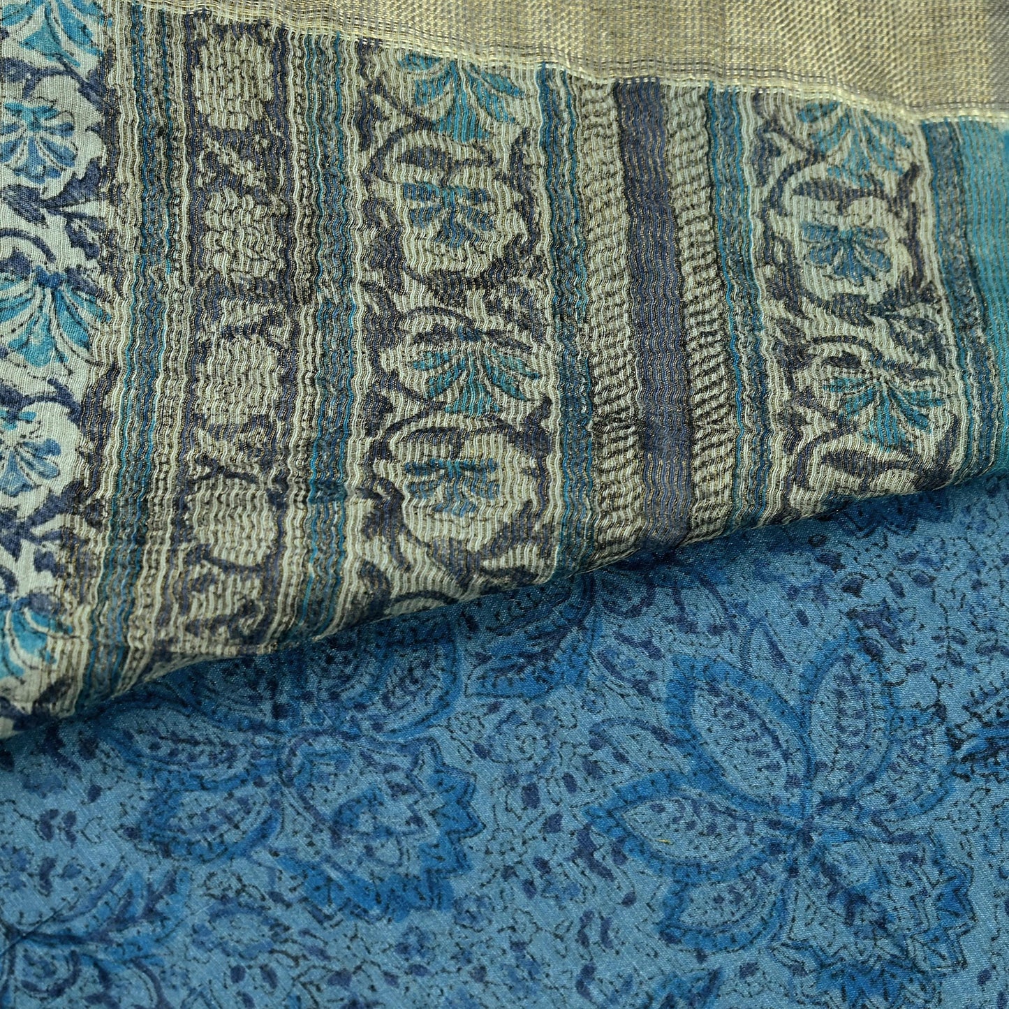 Indian Vintage Heavy Sari Blue Pure Khadi Silk Handloom Saree Craft Fabric 6yd Ethnic Wear Dress making For Crafting Quilting Sewing Zari
