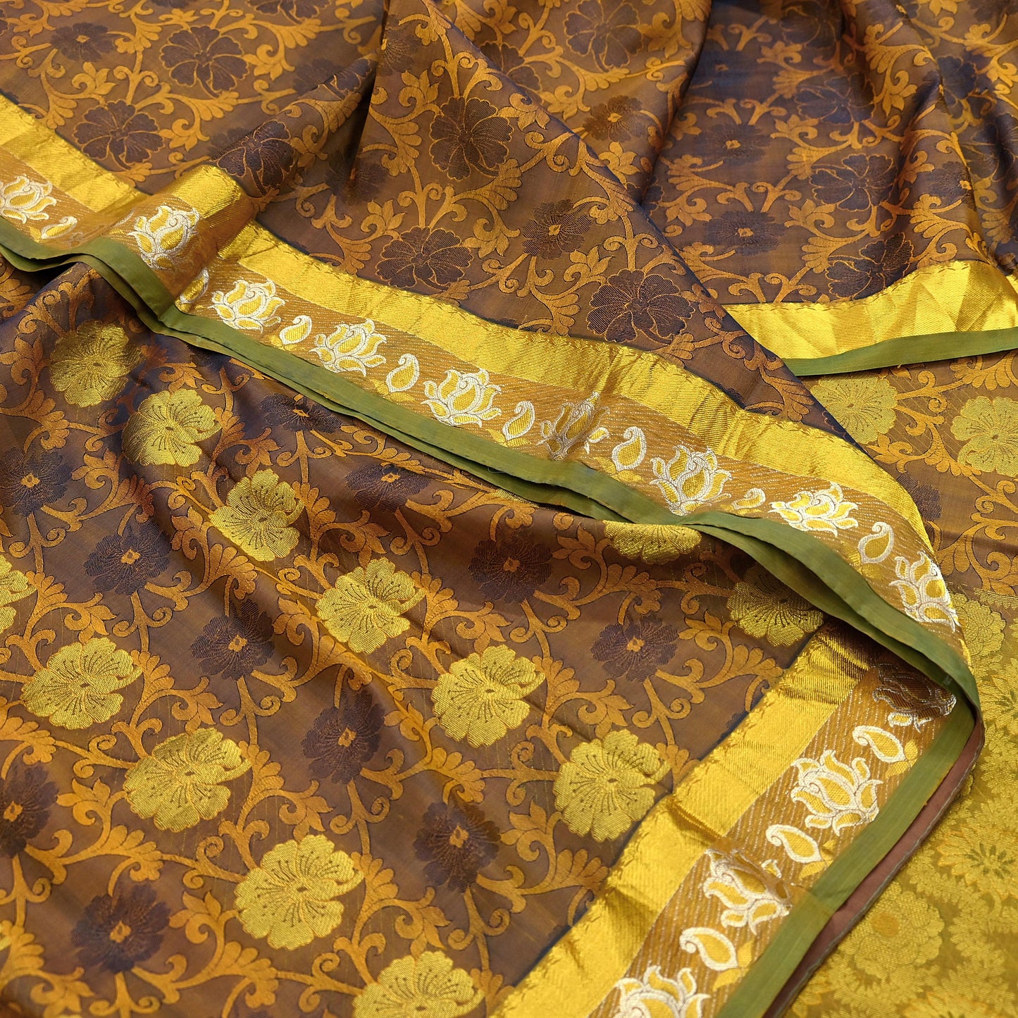 Indian Vintage Heavy Green & Mustard Kanjivaram Saree 100% Pure Silk Sari Zari 6Yd Floral Crafting Dress making Crafting Quilting
