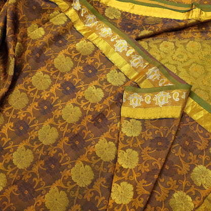 Indian Vintage Heavy Green & Mustard Kanjivaram Saree 100% Pure Silk Sari Zari 6Yd Floral Crafting Dress making Crafting Quilting