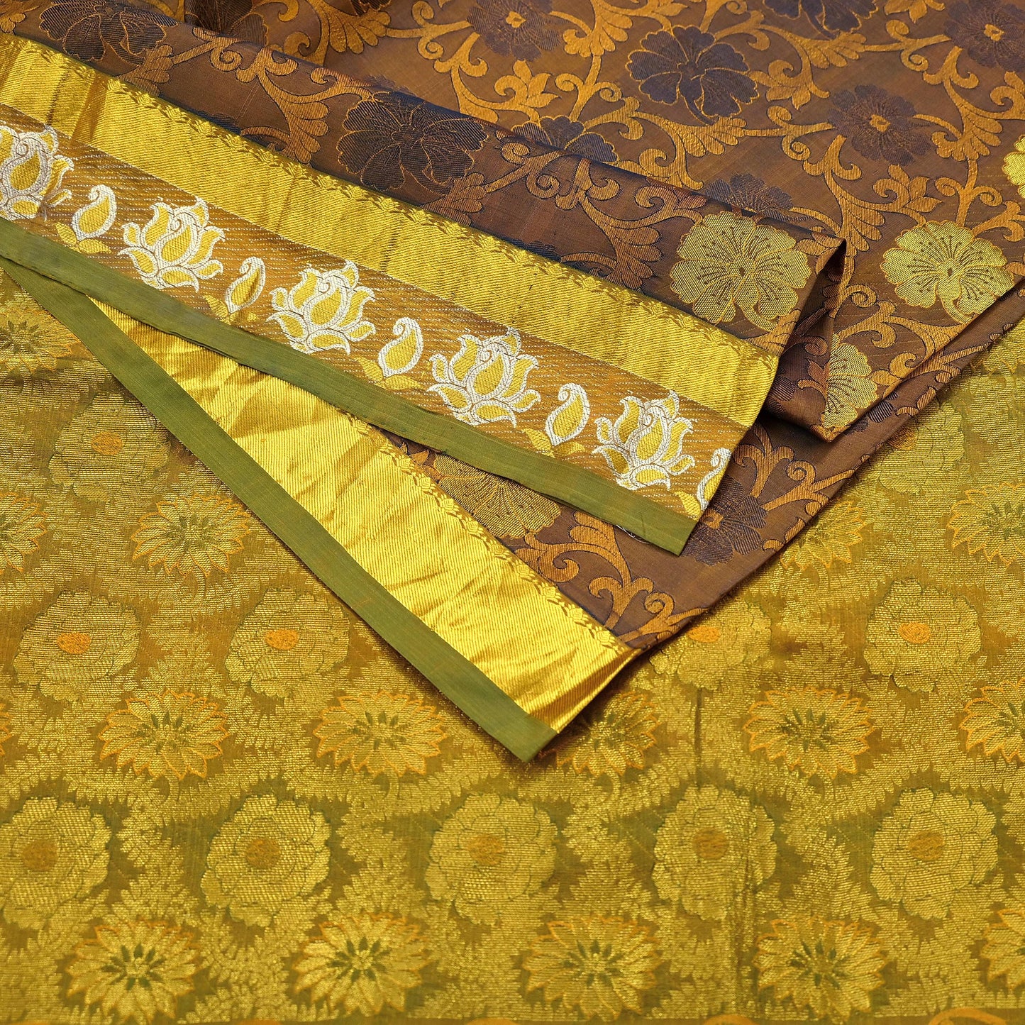 Indian Vintage Heavy Green & Mustard Kanjivaram Saree 100% Pure Silk Sari Zari 6Yd Floral Crafting Dress making Crafting Quilting