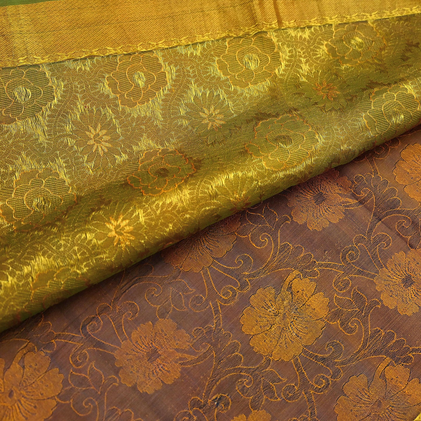Indian Vintage Heavy Green & Mustard Kanjivaram Saree 100% Pure Silk Sari Zari 6Yd Floral Crafting Dress making Crafting Quilting