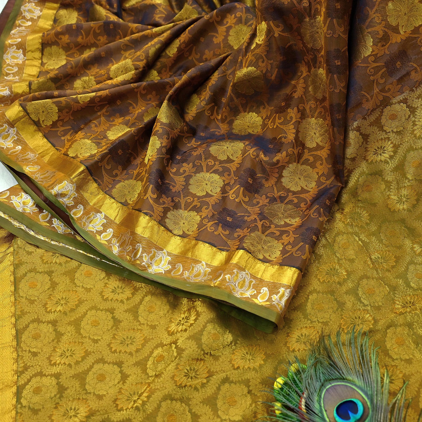 Indian Vintage Heavy Green & Mustard Kanjivaram Saree 100% Pure Silk Sari Zari 6Yd Floral Crafting Dress making Crafting Quilting