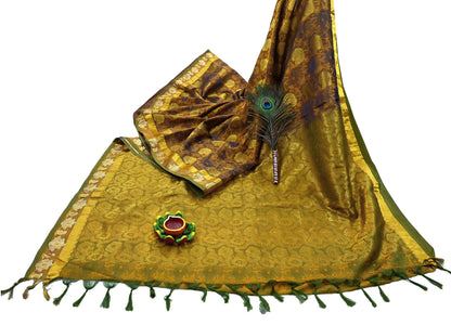 Indian Vintage Heavy Green & Mustard Kanjivaram Saree 100% Pure Silk Sari Zari 6Yd Floral Crafting Dress making Crafting Quilting