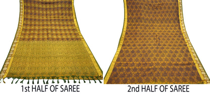 Indian Vintage Heavy Green & Mustard Kanjivaram Saree 100% Pure Silk Sari Zari 6Yd Floral Crafting Dress making Crafting Quilting