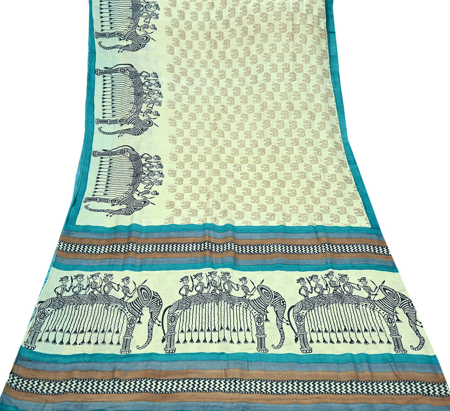 Indian Vintage Ivory Saree Pure Khadi Silk Handloom Printed Sari Fabric 6yd Ethnic Wear Sari Stripes Elephants Designs Dress making Crafting